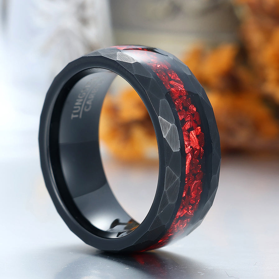 8mm Crushed Ruby Tungsten Wedding Band Red Gemstone Mens Tungsten Ring Black Hammered Promise Ring