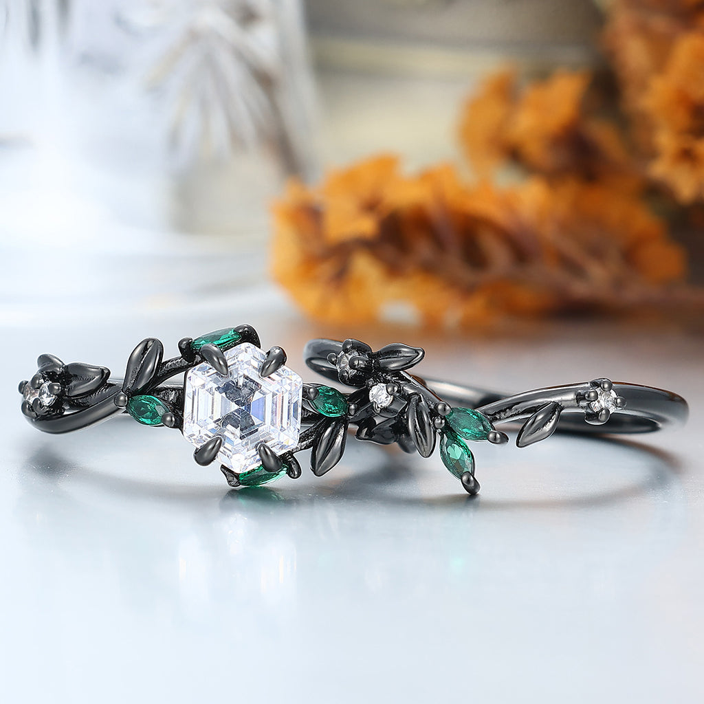 Exquisite Moissanite Sprig Engagement Ring Set Emerald Inlay Bridal Ring Set