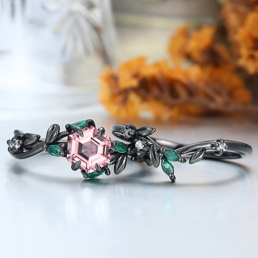 Leaf-inspired Pink Morganite Engagement Ring 14K Solid Gold Anniversary Bridal Ring