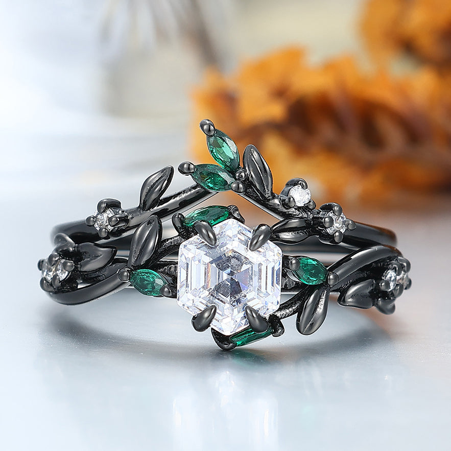 Exquisite Moissanite Sprig Engagement Ring Set Emerald Inlay Bridal Ring Set