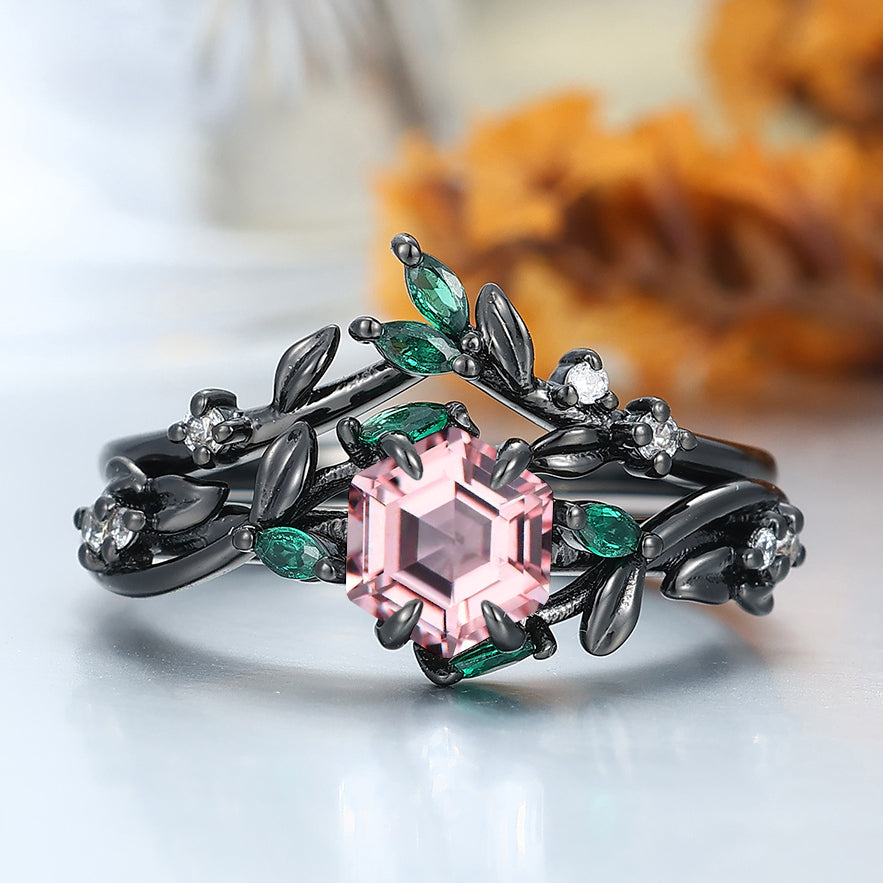 Leaf-inspired Pink Morganite Engagement Ring 14K Solid Gold Anniversary Bridal Ring