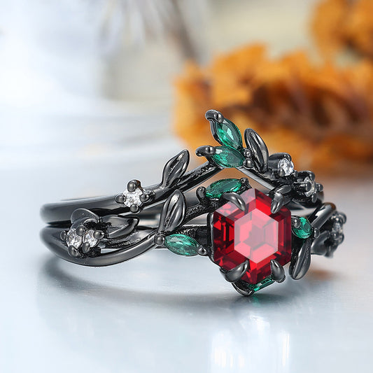 Exquisite Leaf & Vine Hexagon S925 Red Garnet Ring with Mixed Green & White Gem Accents Ring Set Bridal Ring Set