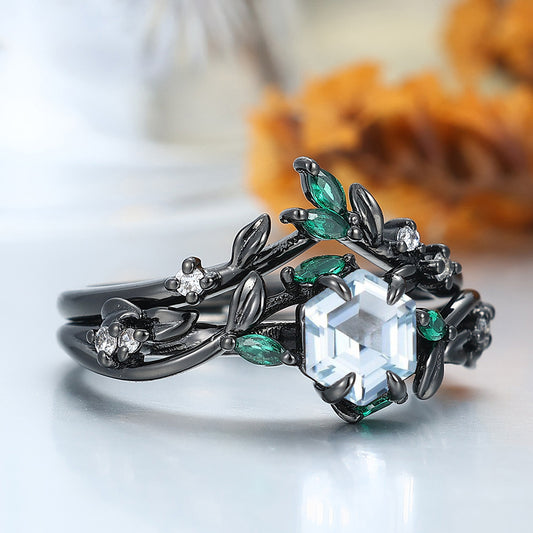 Nature Inspired Aquamarine Leaf Engagement Ring Set 2pcs Solid Gold Bridal Ring For Her