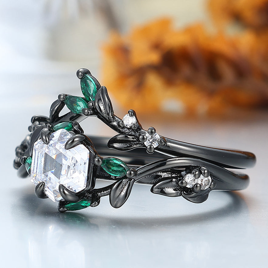 Exquisite Moissanite Sprig Engagement Ring Set Emerald Inlay Bridal Ring Set