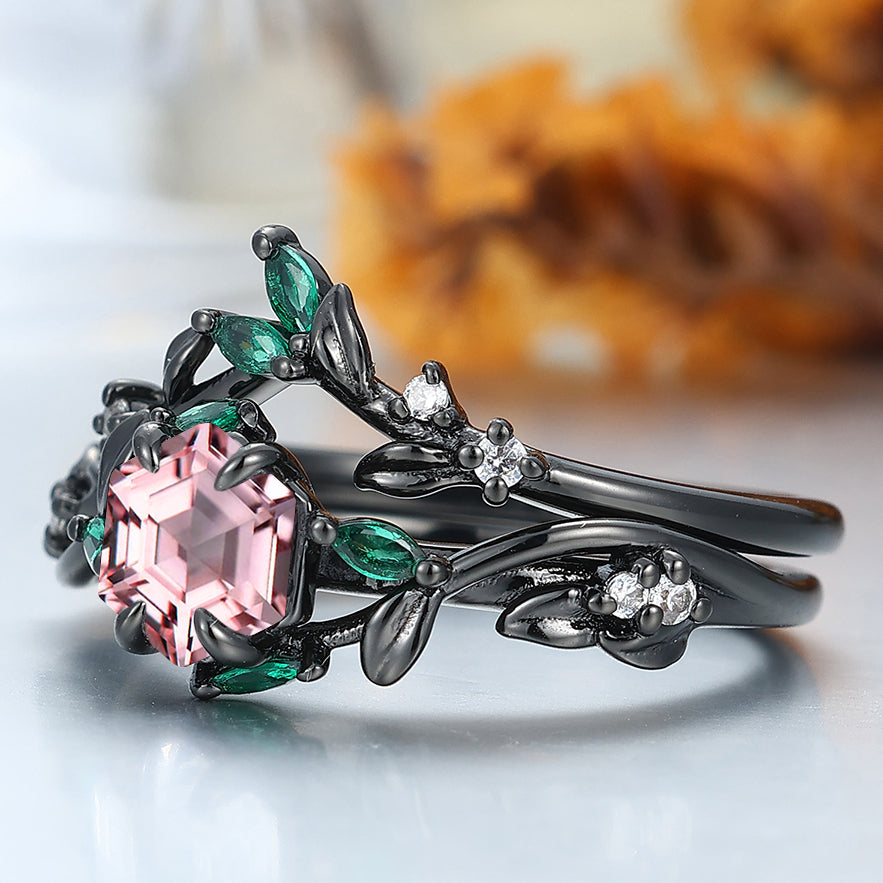 Leaf-inspired Pink Morganite Engagement Ring 14K Solid Gold Anniversary Bridal Ring