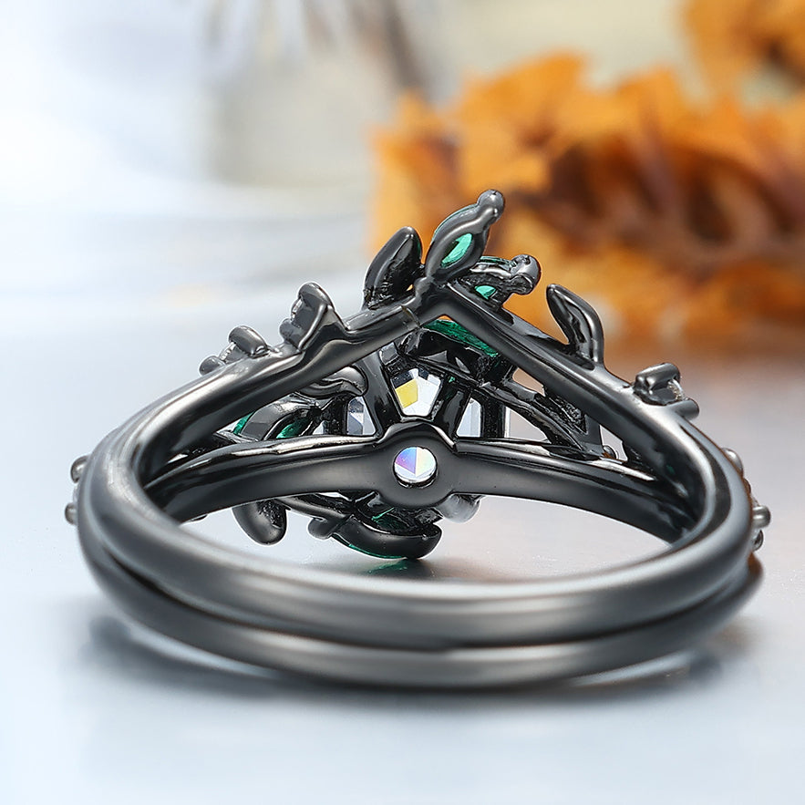 Exquisite Moissanite Sprig Engagement Ring Set Emerald Inlay Bridal Ring Set