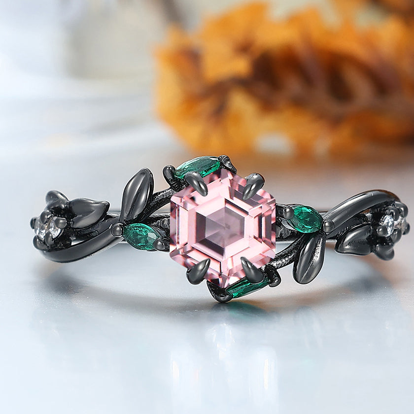 Hexagon Cut Pink Morganite Leaf Engagement Ring Emerald Accents Women Fine Ring Bridal Ring