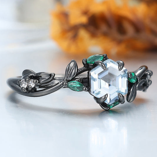 Gorgeous Aquamarine Sprig Engagement Ring Emerald Accents Women Ring Black Gold Bridal Ring