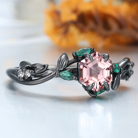 Hexagon Cut Pink Morganite Leaf Engagement Ring Emerald Accents Women Fine Ring Bridal Ring