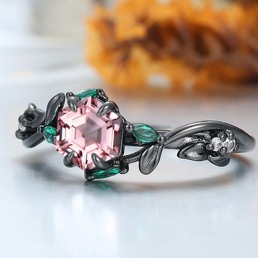 Hexagon Cut Pink Morganite Leaf Engagement Ring Emerald Accents Women Fine Ring Bridal Ring