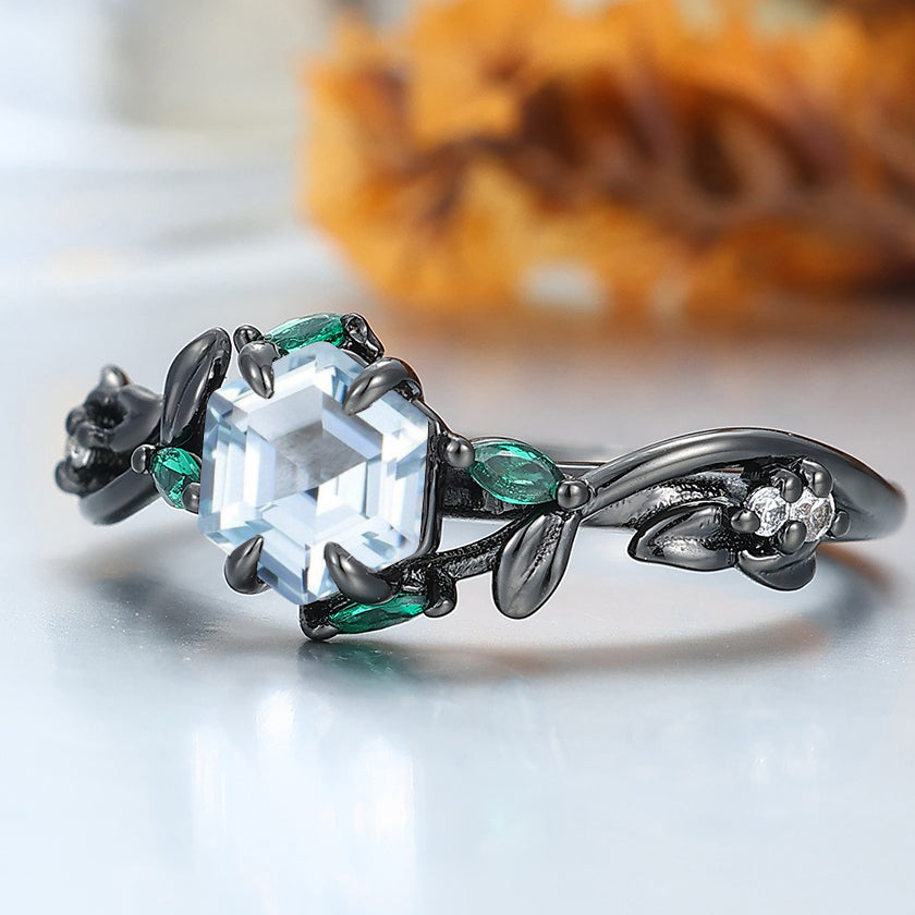 Gorgeous Aquamarine Sprig Engagement Ring Emerald Accents Women Ring Black Gold Bridal Ring