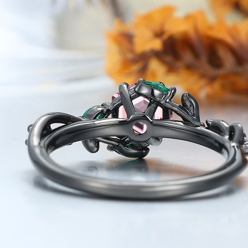 Hexagon Cut Pink Morganite Leaf Engagement Ring Emerald Accents Women Fine Ring Bridal Ring