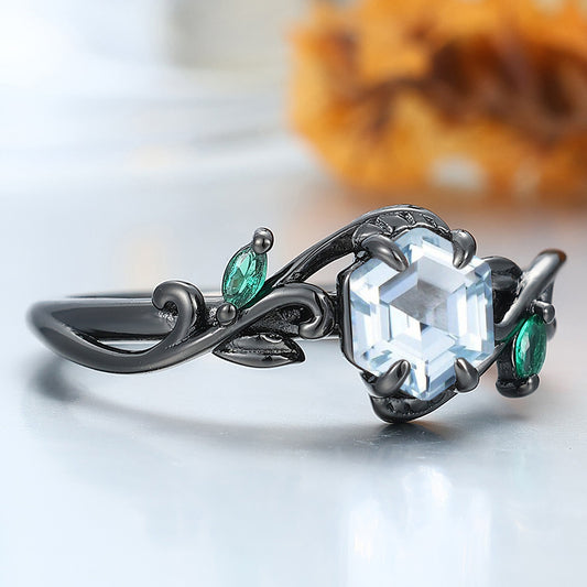 Vine Leaf Design Aquamarine Engagement Ring Gold & 925 Sliver Women Fine Handmade Ring