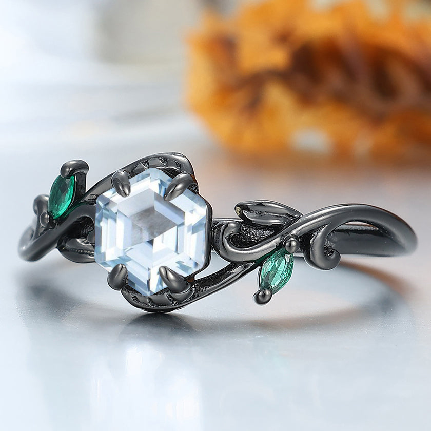 Vine Leaf Design Aquamarine Engagement Ring Gold & 925 Sliver Women Fine Handmade Ring