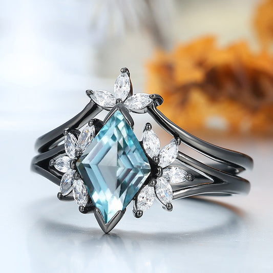 Cluster Rhombus Cut Aquamarine Engagement Ring Set 2pcs Women Wedding Ring Bridal Ring