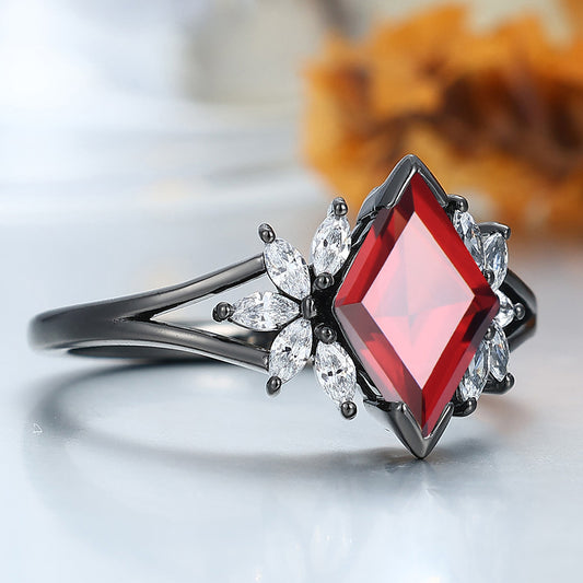Art Deco 2CT Rhombus Cut 14k Black Gold Nature Red Garnet Petal Engagement Ring Women Fine Ring