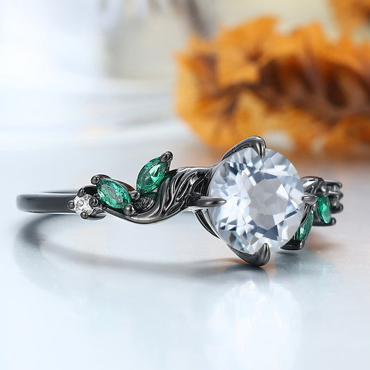 7mm Round Cut Aquamarine Engagement Ring Leaf Design Women Ring Handmade Black Gold Ring