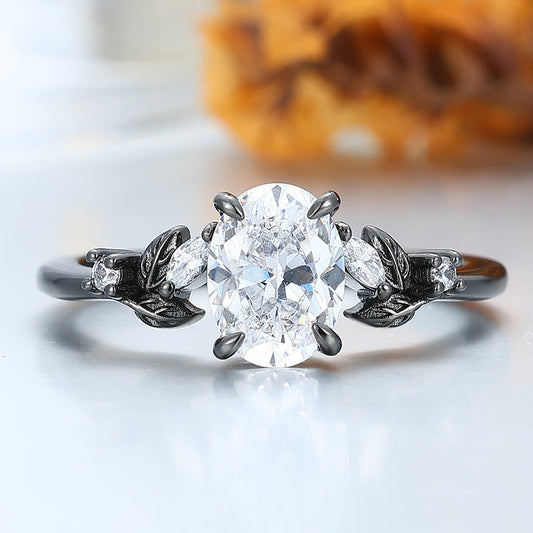 Prongs Setting Oval Moissanite Engagement Ring Black Plated Leaf Wedding Ring