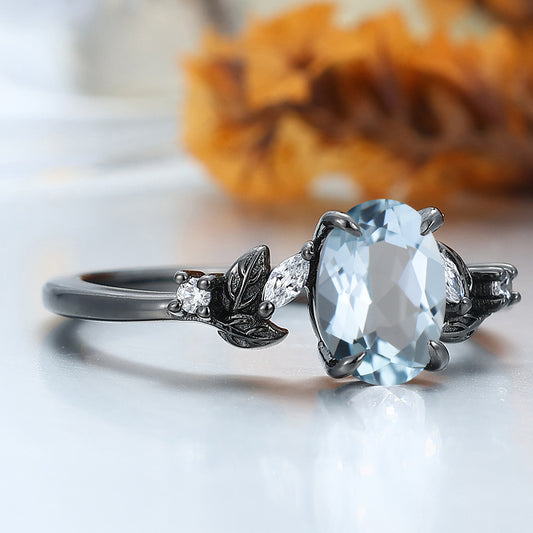 Dainty Leaf Sprig Aquamarine Engagement Ring Prong Setting Bridal Ring Women Ring Gift