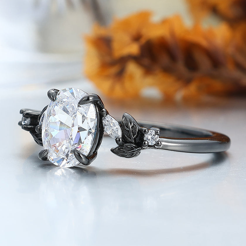 Prongs Setting Oval Moissanite Engagement Ring Black Plated Leaf Wedding Ring