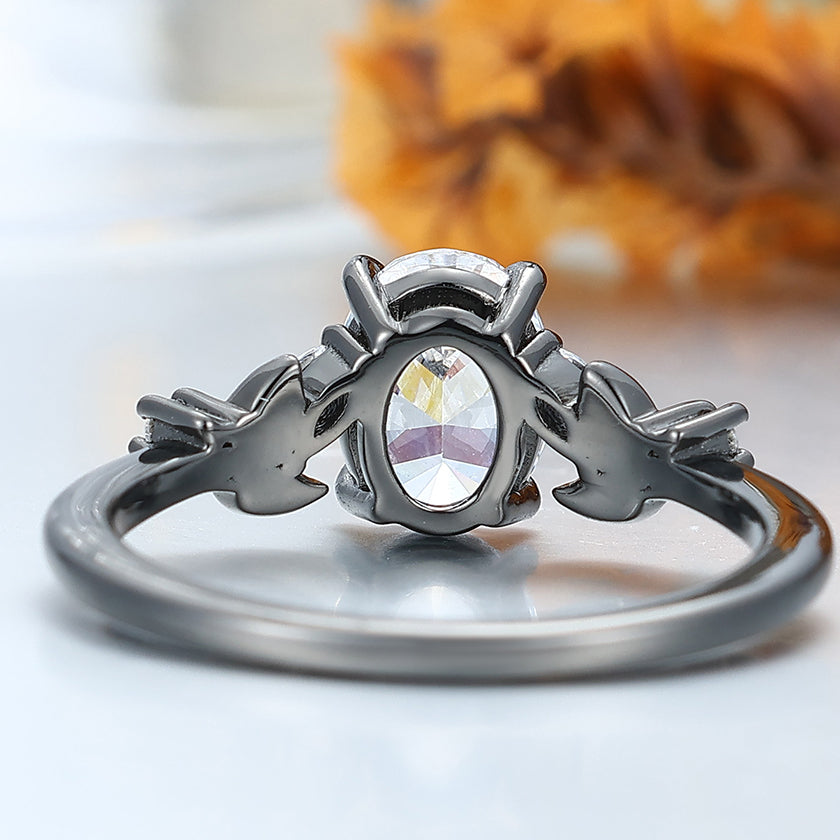 Prongs Setting Oval Moissanite Engagement Ring Black Plated Leaf Wedding Ring