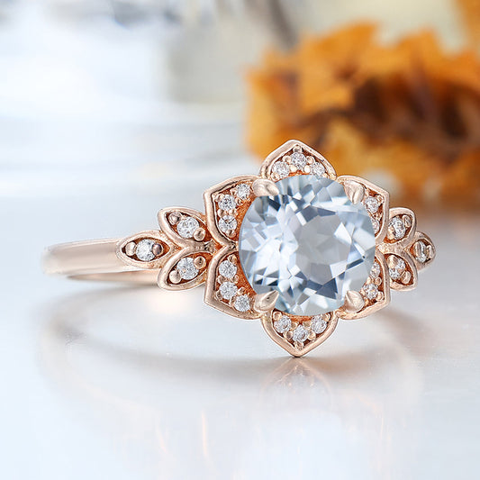 Art Deco Round Aquamarine Engagement Ring Floral Design Solid Gold Handmade Bridal Ring For Her