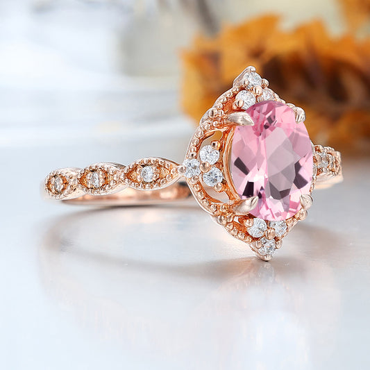 Vintage Pink Morganite Milgrained Bridal Ring Solid Gold Handmade Engagement Ring Women Fine Ring