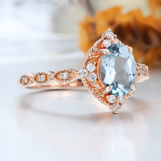 Antique Milgrained Blue Aquamarine Bridal Ring 14K Solid Gold Handmade Engagement Women Ring