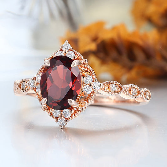 Vintag Oval Cut Nature Red Garnet 14k Rose Gold Ring Milgrained Wedding Ring Promise Bridal Ring