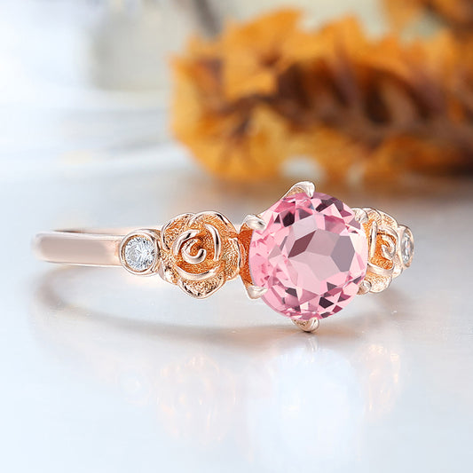 Dainty Round Cut Morganite Engagement Ring Rose Shape Bridal Ring Pink Morganite Women Ring