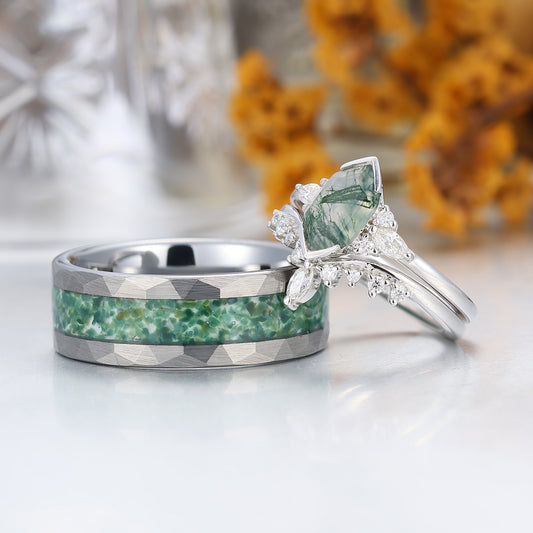 Vintage Long Hexagon Cut Moss Agate Couple Ring Set Green Matching Ring For Men For Women