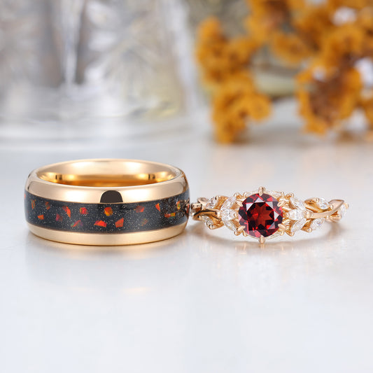 Nature Inspired Branches Red Garnet Couples Ring Red Tungsten Ring For Men Garnet Ring For Her