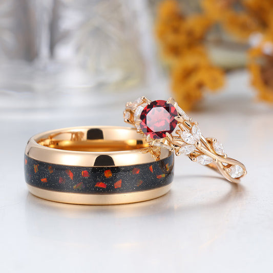 Nature Inspired Branches Red Garnet Couples Ring Red Tungsten Ring For Men Garnet Ring For Her