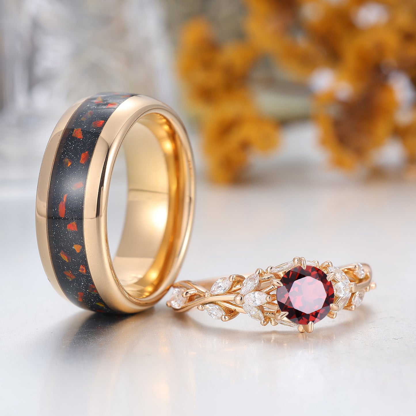 Nature Inspired Branches Red Garnet Couples Ring Red Tungsten Ring For Men Garnet Ring For Her
