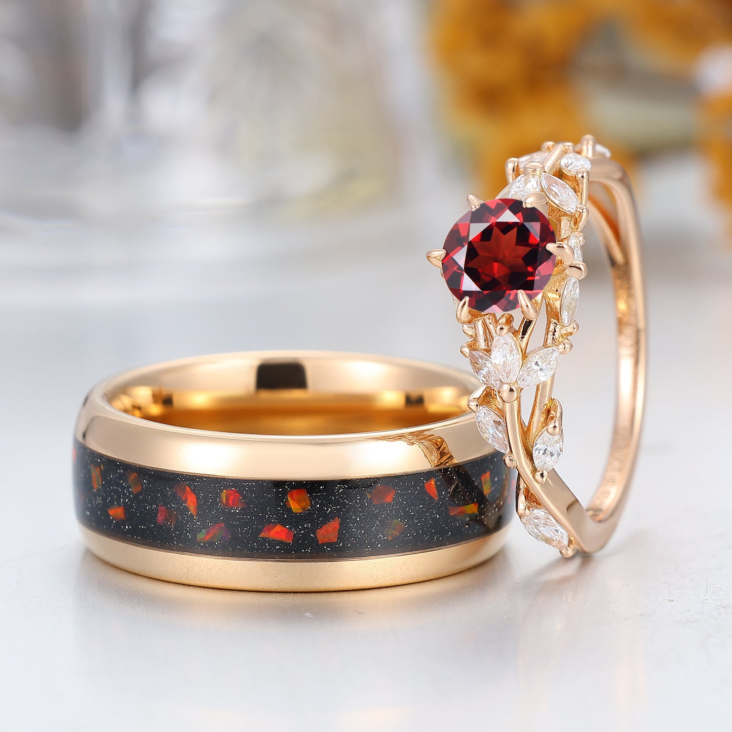 Nature Inspired Branches Red Garnet Couples Ring Red Tungsten Ring For Men Garnet Ring For Her