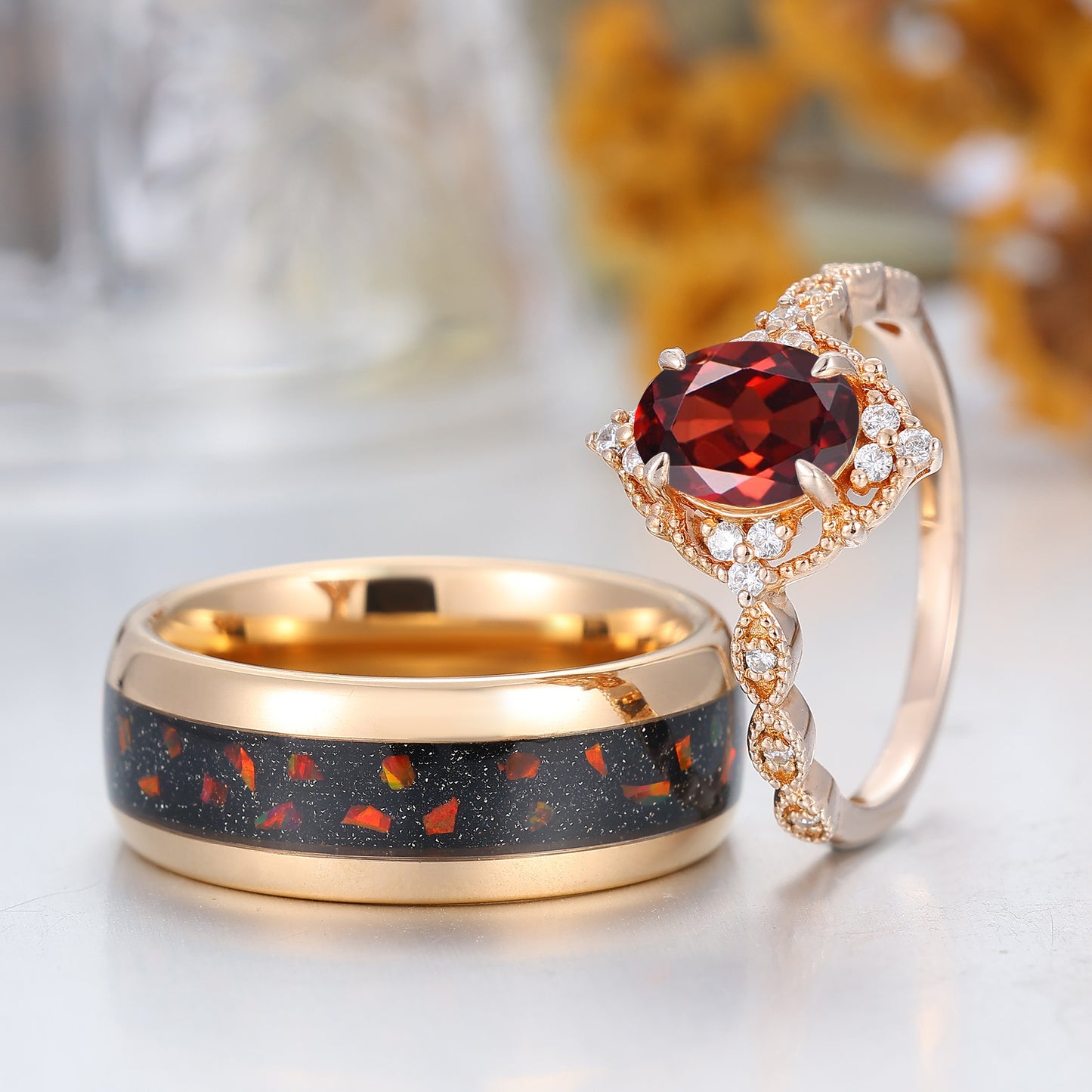 Vintage Milgrained Natural Red Garnet Couple Ring 2pcs Red Matching Ring For Men And Women