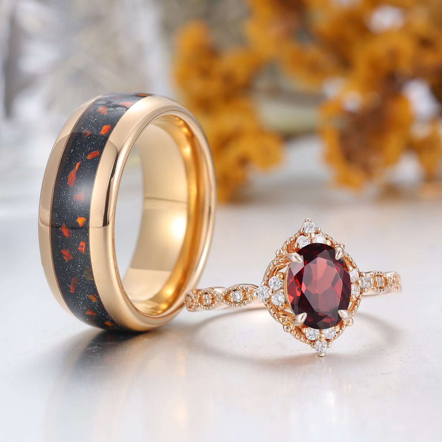 Vintage Milgrained Natural Red Garnet Couple Ring 2pcs Red Matching Ring For Men And Women