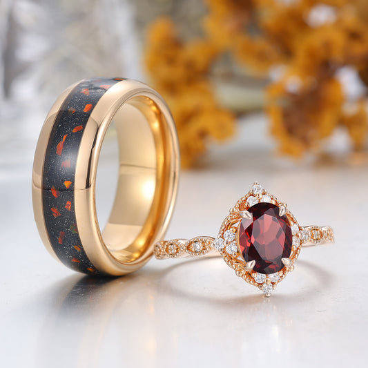 Vintage Milgrained Natural Red Garnet Couple Ring 2pcs Red Matching Ring For Men And Women