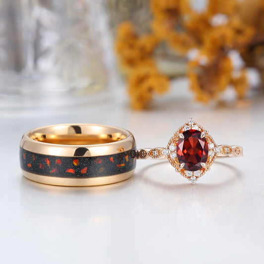 Vintage Milgrained Natural Red Garnet Couple Ring 2pcs Red Matching Ring For Men And Women