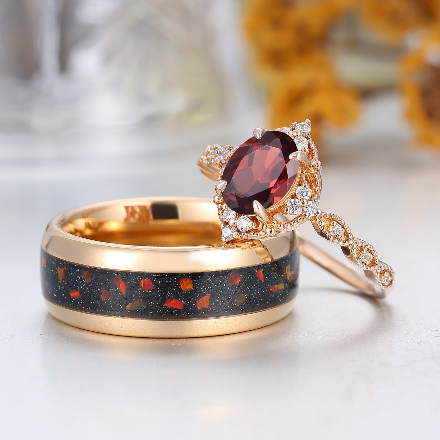 Vintage Milgrained Natural Red Garnet Couple Ring 2pcs Red Matching Ring For Men And Women