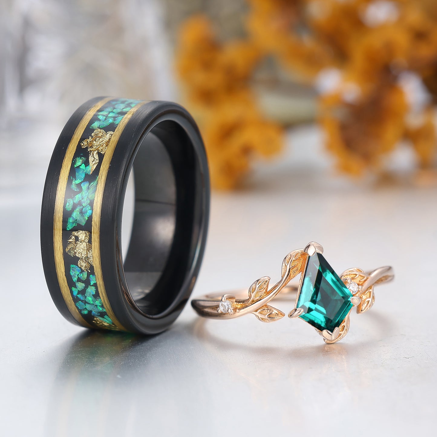 Dainty Kite Cut Emerald His And Hers Rings Green Emerald Leaf Twigs Style Couple Ring