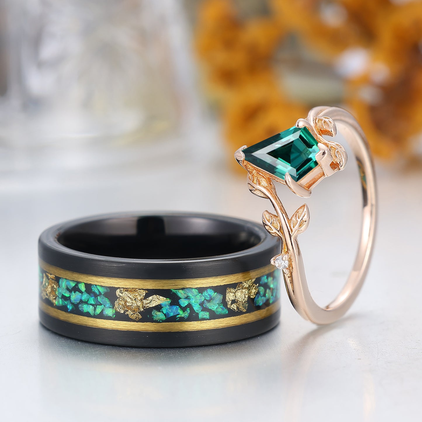Dainty Kite Cut Emerald His And Hers Rings Green Emerald Leaf Twigs Style Couple Ring