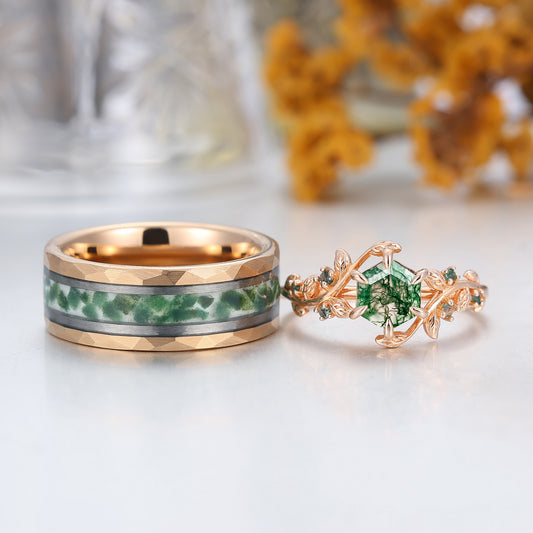 Hexagon Cut Natural Moss Agate Leaf Shape Couple Ring Promise Matching Rings