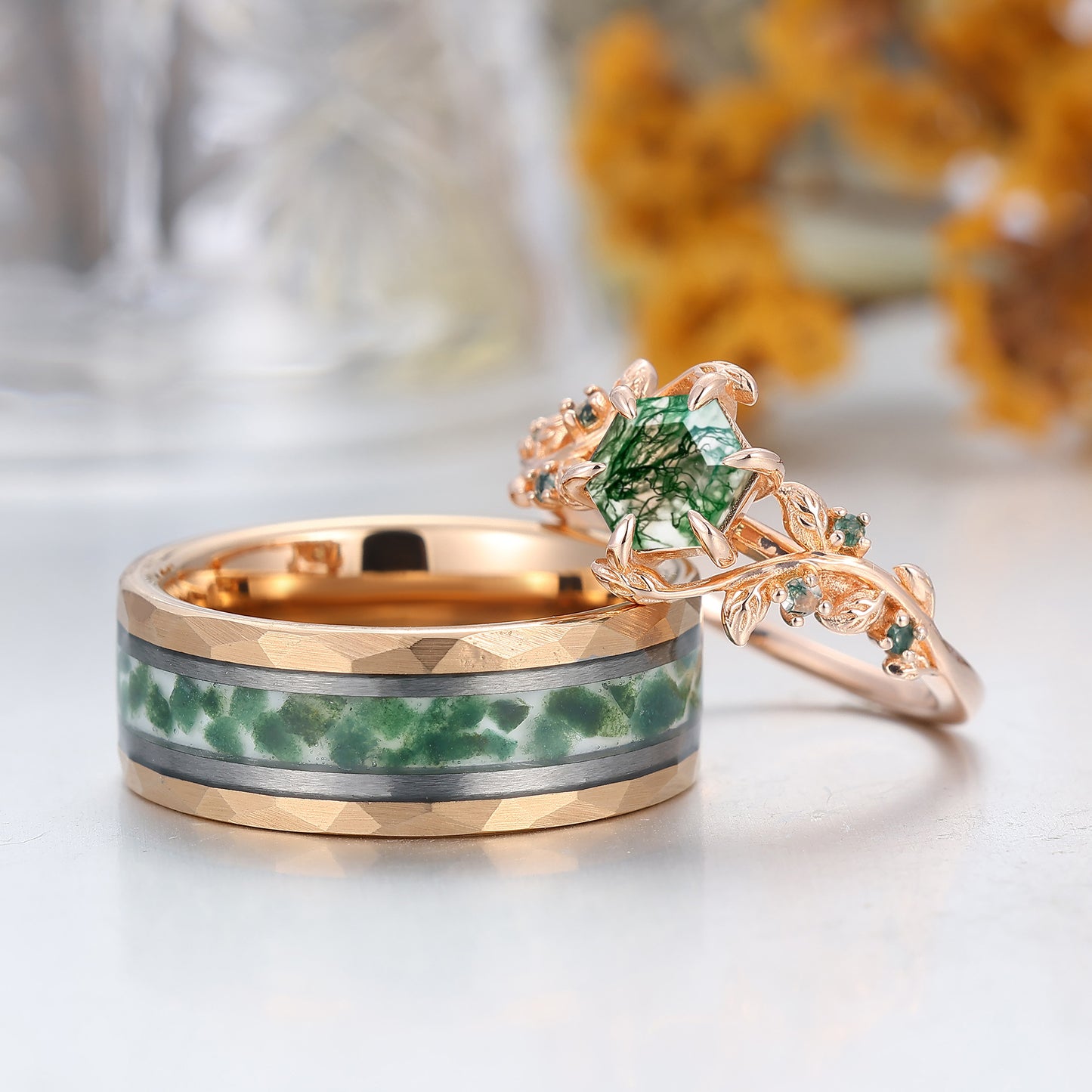 Hexagon Cut Natural Moss Agate Leaf Shape Couple Ring Promise Matching Rings