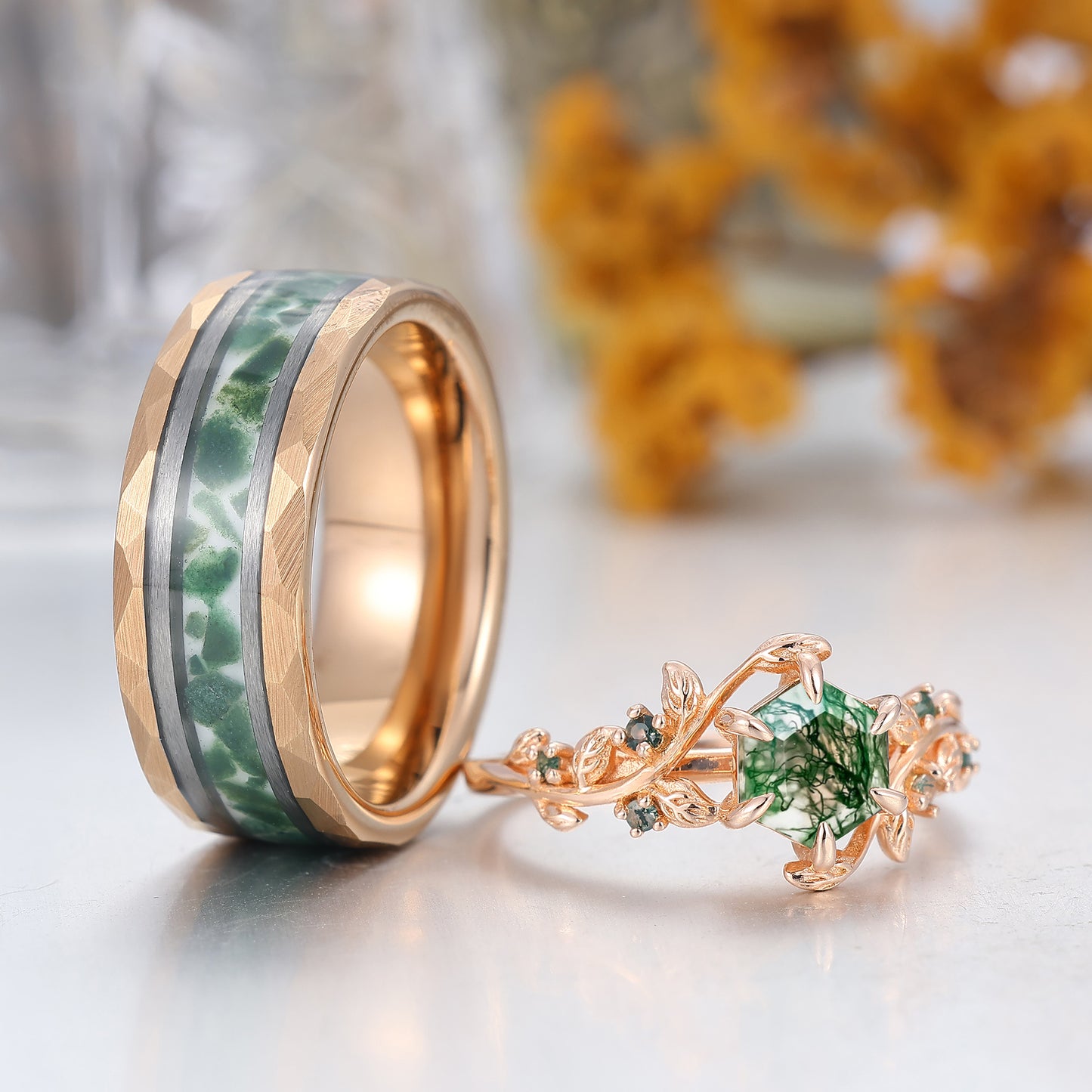 Hexagon Cut Natural Moss Agate Leaf Shape Couple Ring Promise Matching Rings