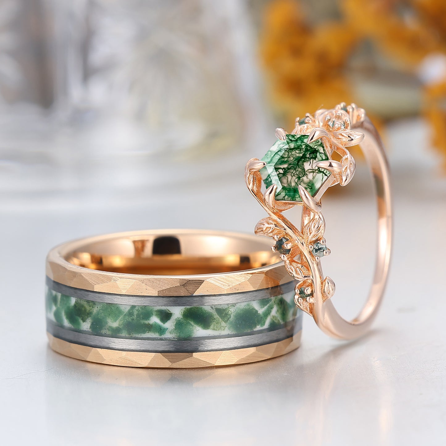 Hexagon Cut Natural Moss Agate Leaf Shape Couple Ring Promise Matching Rings