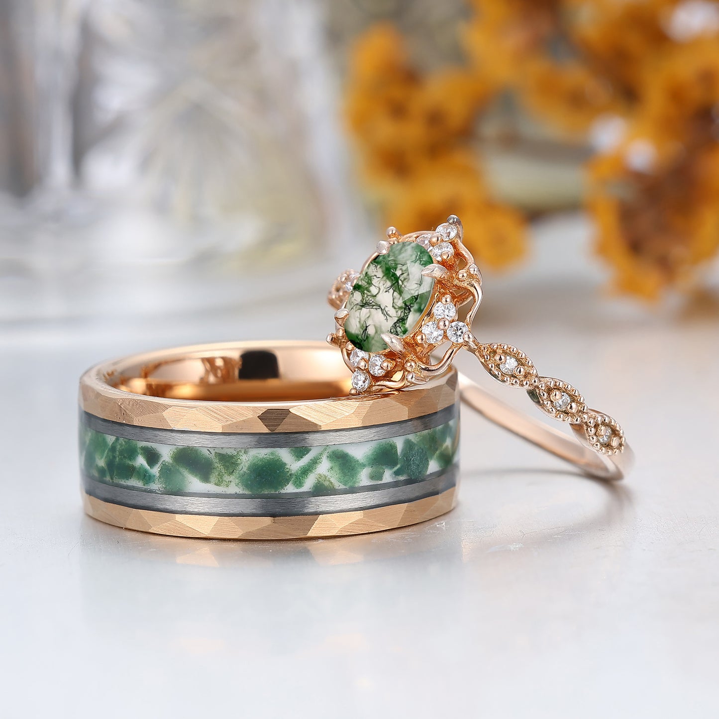 Vintage Natural Moss Agate Milgrained Filigreed Couples Ring Matching Rings Wedding Ring Set