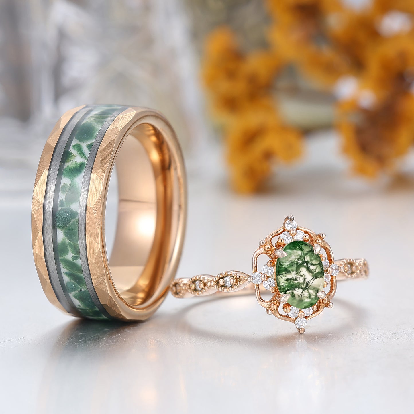 Vintage Natural Moss Agate Milgrained Filigreed Couples Ring Matching Rings Wedding Ring Set