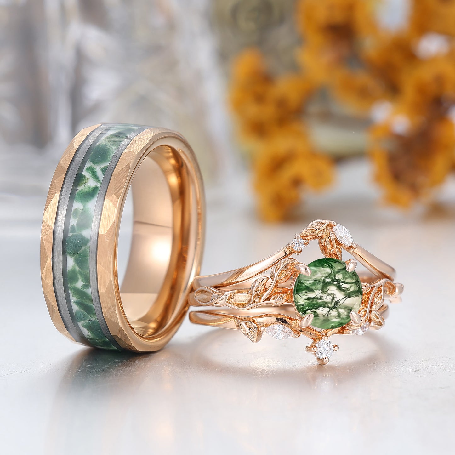 Unique Round Cut Moss Agate Leaf Couples Ring Set 4pcs Moss Agate Band For Men And Women