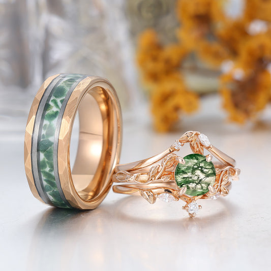 Unique Round Cut Moss Agate Leaf Couples Ring Set 4pcs Moss Agate Band For Men And Women